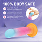 Colorful silicone sex toy with '100% Body Safe' text and product features on a purple background