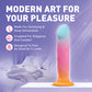 Sexual sex toy dildo with gradient design on a purple background, featuring text about its features.