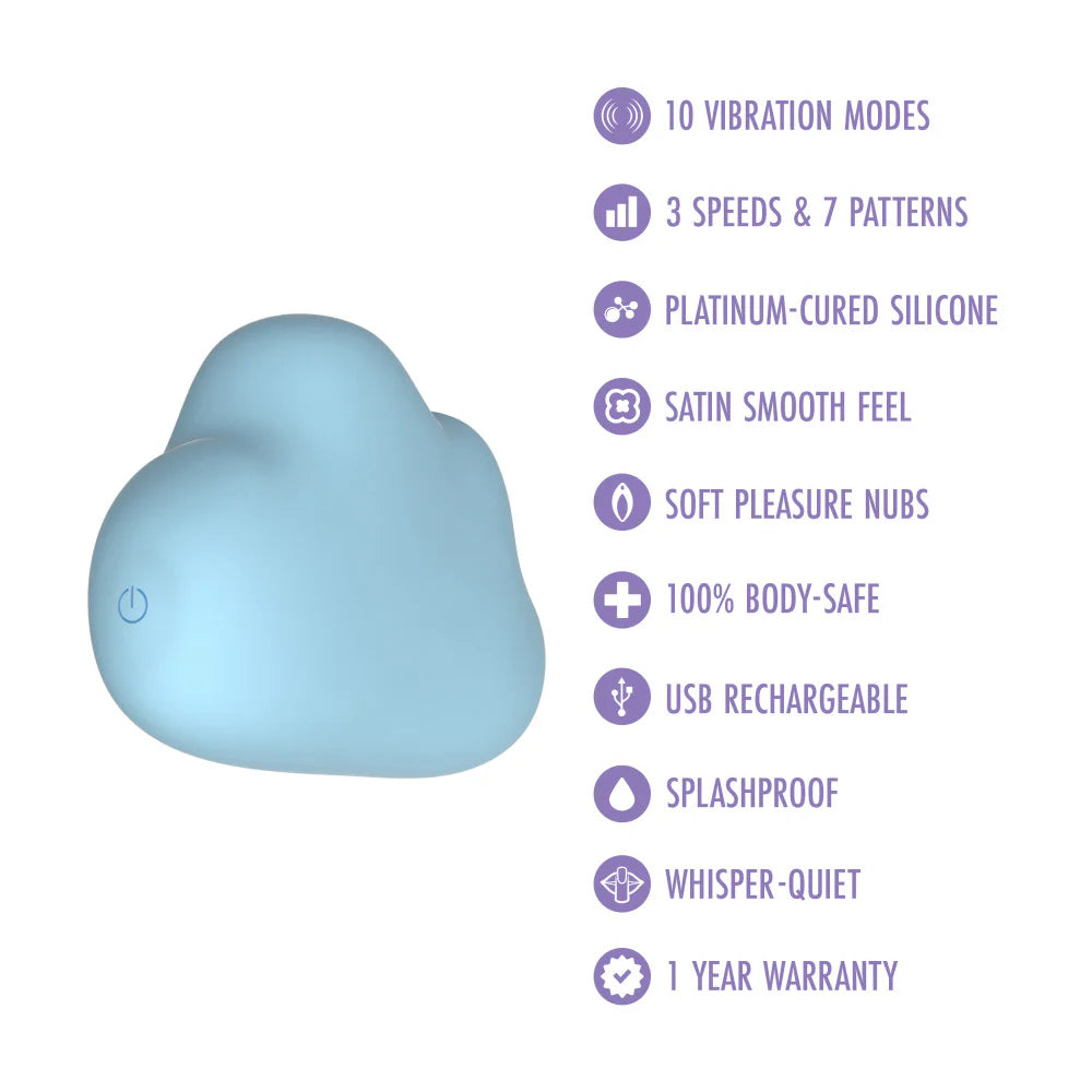 Blue silicone Blush Play With Me Cuddle Cloud Vibrator with features listed on a white background