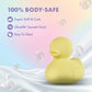 Yellow rubber duck vibrator with text about body safety and features on a colorful background