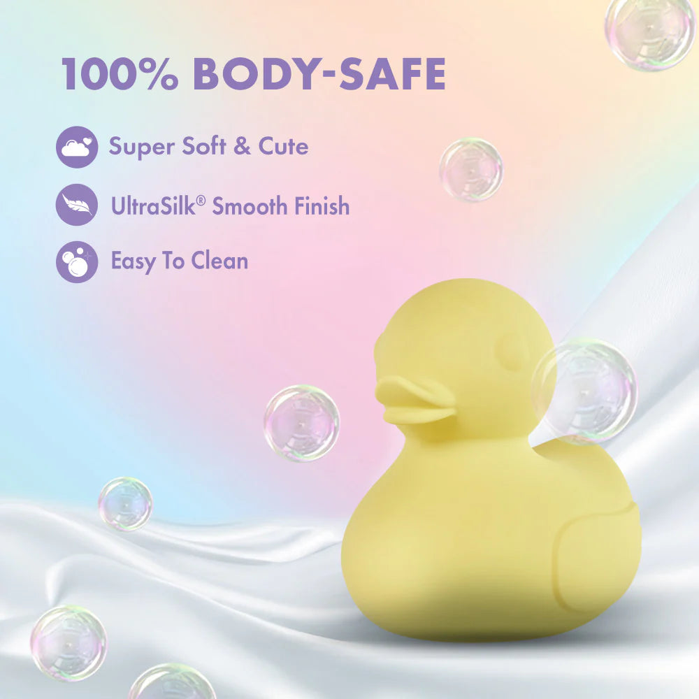 Yellow rubber duck vibrator with text about body safety and features on a colorful background