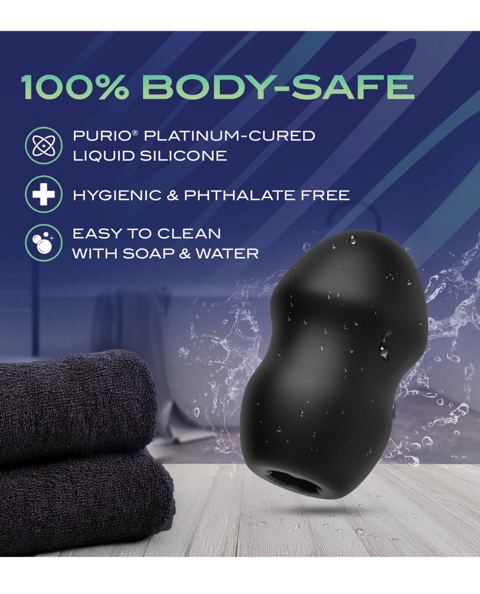 Black silicone Blush URSELF Fortify FTM Stroker with '100% Body-Safe' text and product features on a blue background.