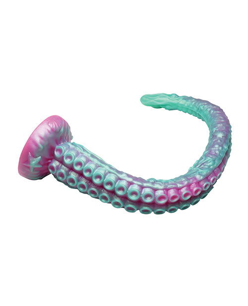 Pink and green octopus-shaped dildo sex toy on a white background