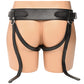 Black leather harness on a mannequin against a white background