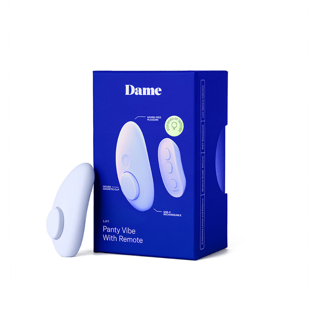 Blue packaging of 'Dame' panty vibe with remote control on a white background