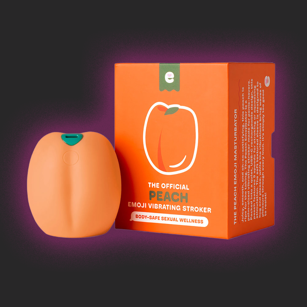 Peach-shaped sex toy srroker and its packaging on a purple background