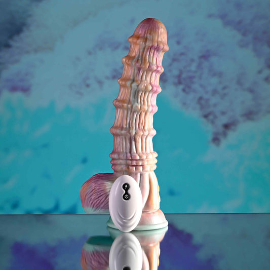 Evolved Fantasy Ridged Dildo with a textured design on a reflective surface against a blue abstract background