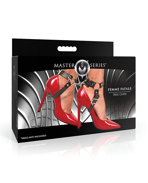 Femme Fatale Heel Clamps packaging with red high heels and black straps on a white background.