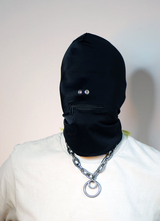 Fetish & Fashion Zippered Mouth Hood being worn black