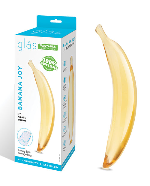 Glass Glas Banana Joy Glass Dildo with packaging on a white background