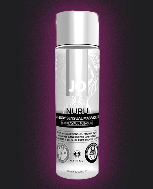 Nuru massage gel bottle on a dark purple background