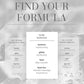 Product packaging with 'Find Your Formula' text and product details on a silver background.
