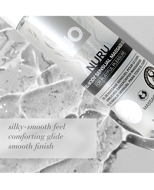 Nuru massage lubricant bottle with text on a marble background