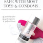 Product with text indicating safety with toys and condoms, featuring natural latex and polyisoprene.