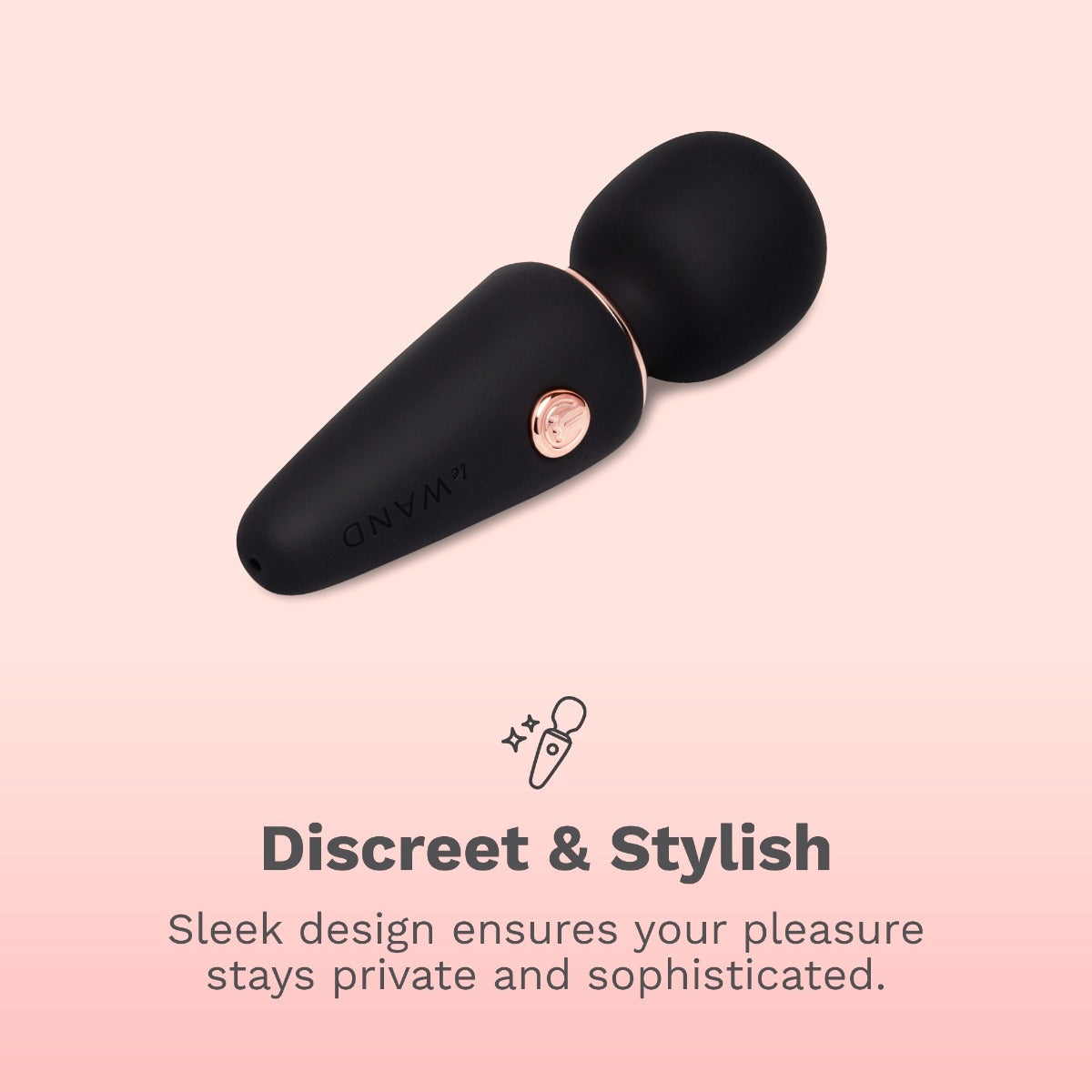 Black and rose gold Le Wand Mini Micro Wandon a pink background with text 'Discreet & Stylish'.