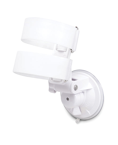 White wall-mounted hands free massager magic wand holder fixture on a white background