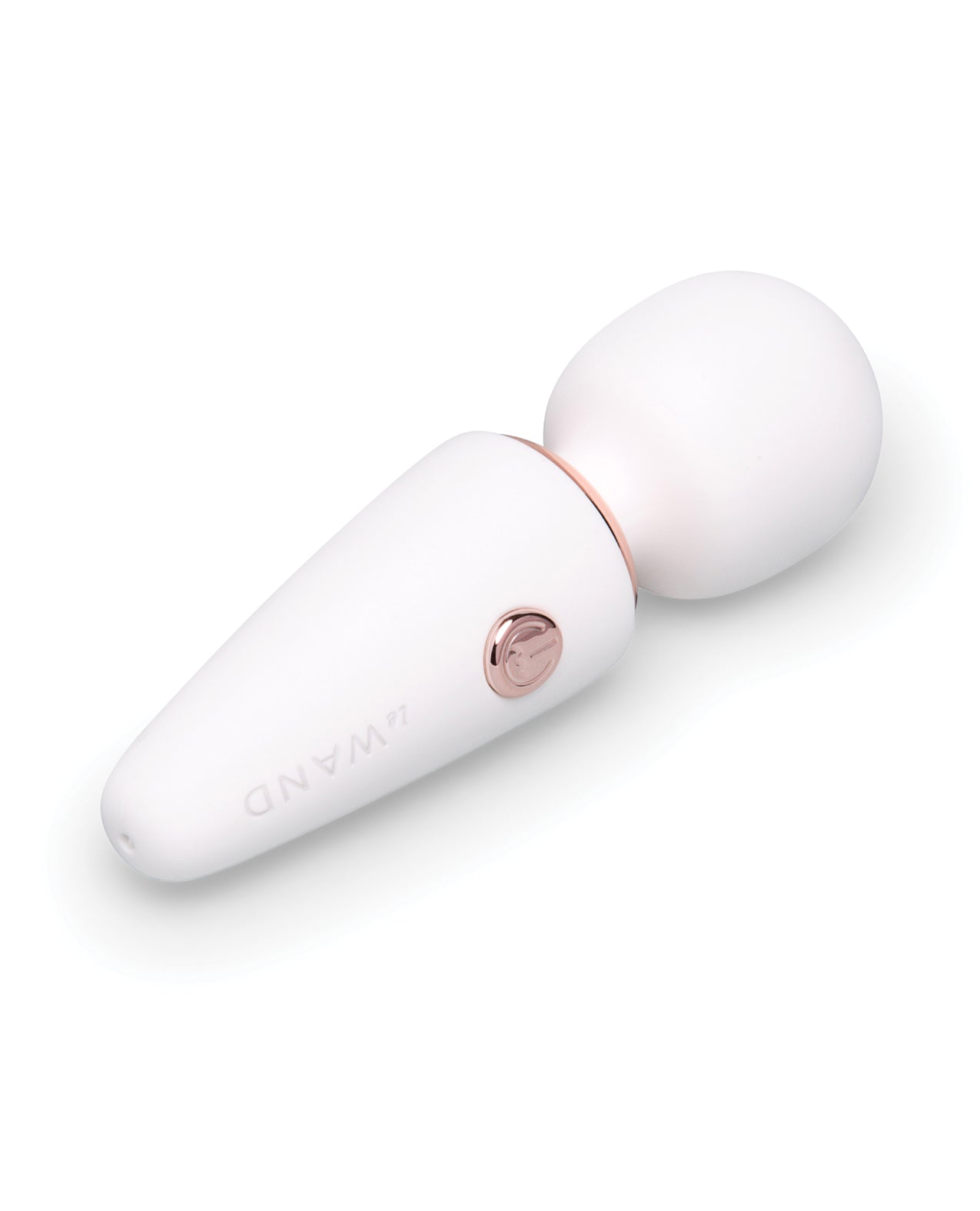 White and rose gold Le Wand Mini Micro Wand on a white background