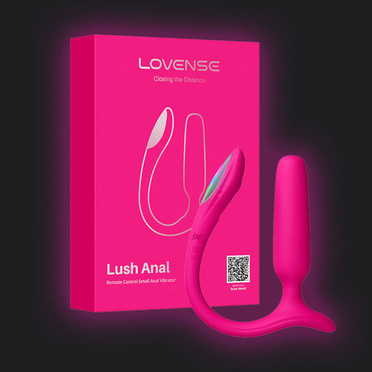 Pink Lovense Lush Anal product with packaging on a dark background