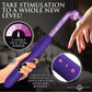 Purple electronic device with text about e-stim power levels held by a hand.