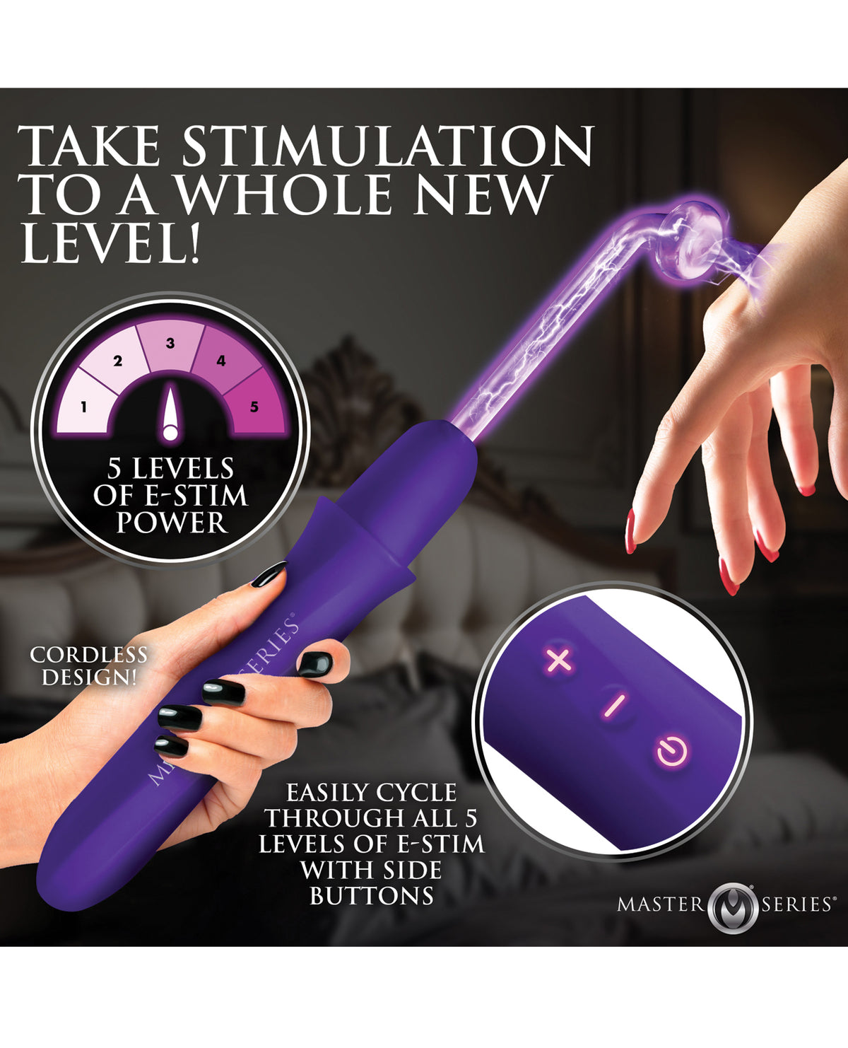 Purple electronic device with text about e-stim power levels held by a hand.