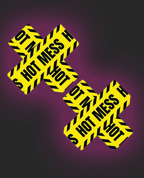Yellow Neva Nude Blacklight Hot Mess X Pasties with black text on a purple background