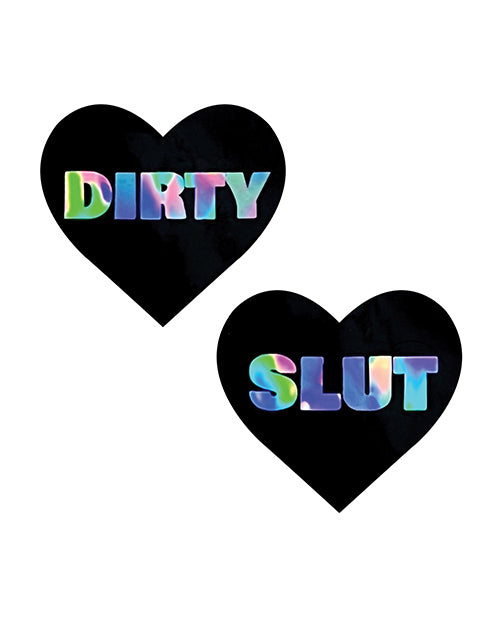 Neva Nude Holographic Dirty Slut Heart Pasties - Black O/S