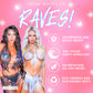 Two women in rave wear with promotional text on a pink background