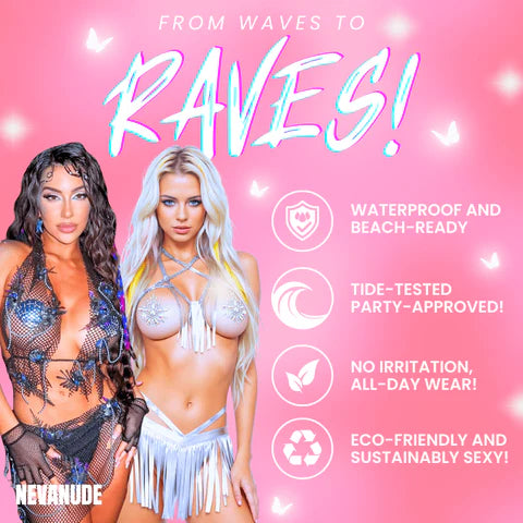 Two women in rave wear with promotional text on a pink background