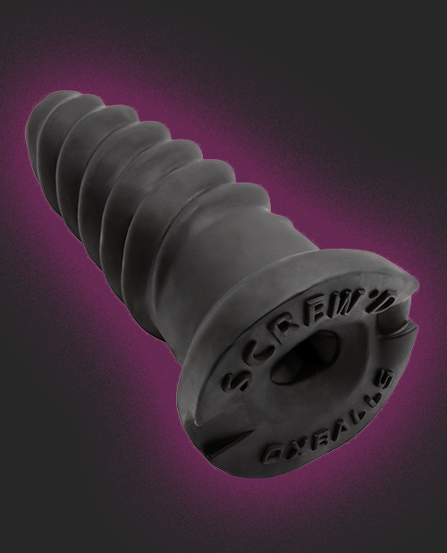 Gray silicone masturbator and plug with 'SCREW' branding on a purple background