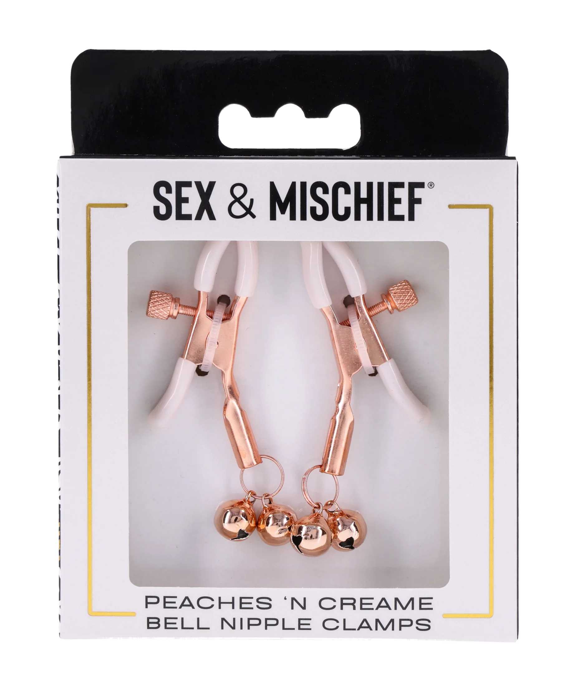 Bell nipple clamps packaging with 'Sex & Mischief' branding on a white background