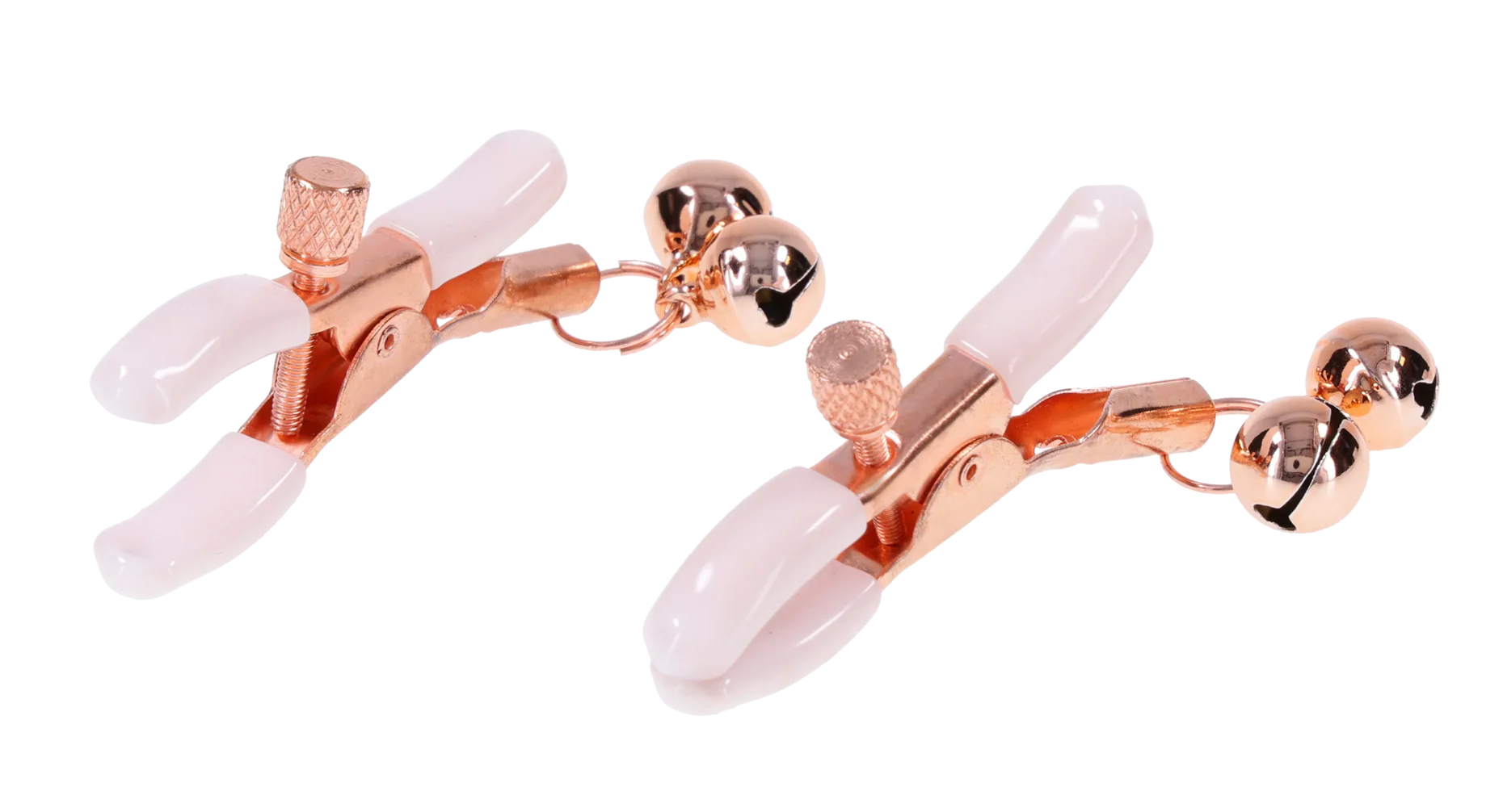 Pair of rose gold and pinkPeaches 'n CreaMe Bell Nipple Clamps  on a white background