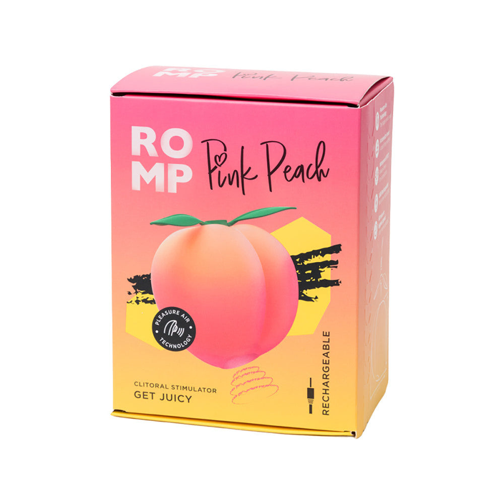 Pink and yellow packaging of a product labeled 'ROMP Pink Peach' on a white background.