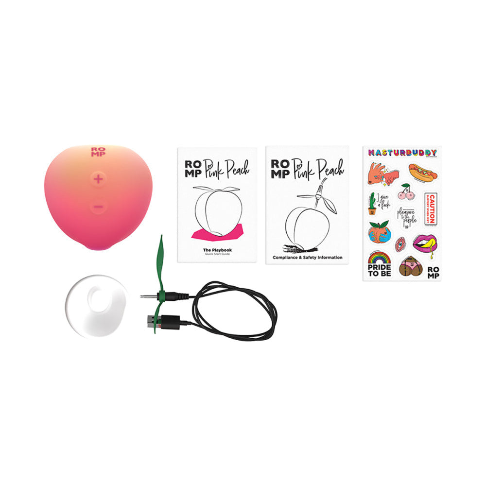 Collection of RO-MP products including a pink balloon, USB cable, and small device on a white background.