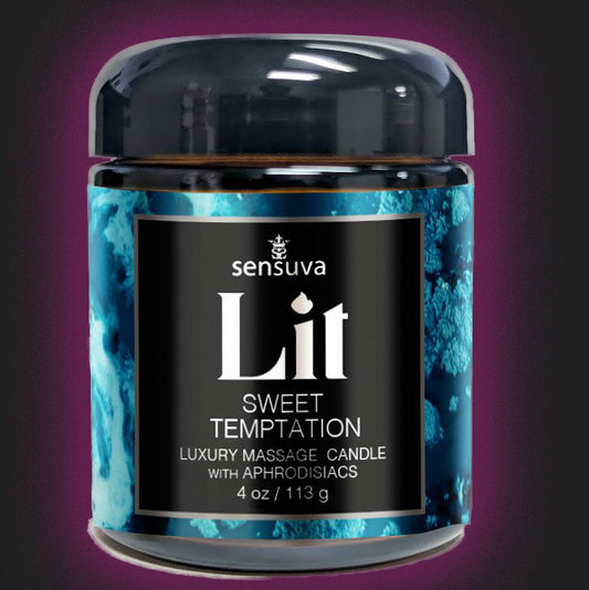 Sensuva Lit Sweet Temptation massage candle on a purple background