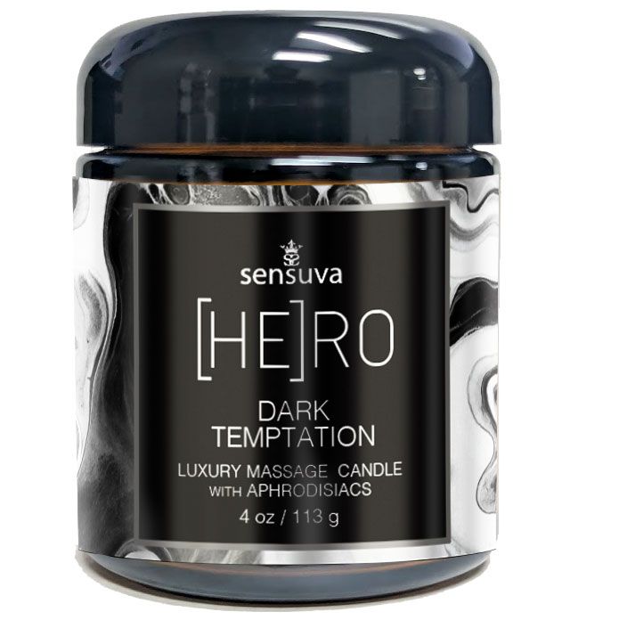 Sensuva Hero Dark Temptation massage candle packaging on a white background