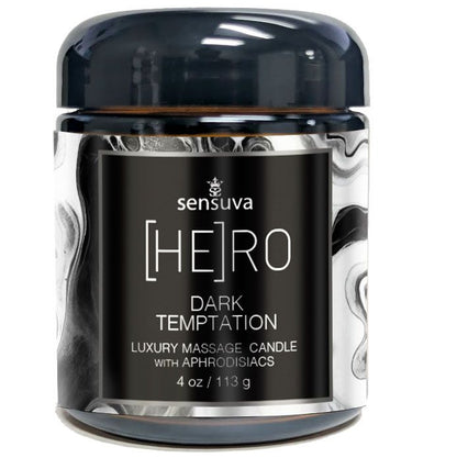 Sensuva Hero Dark Temptation massage candle packaging on a white background