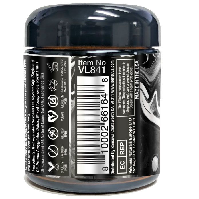 Black container with label and barcode on a white background
