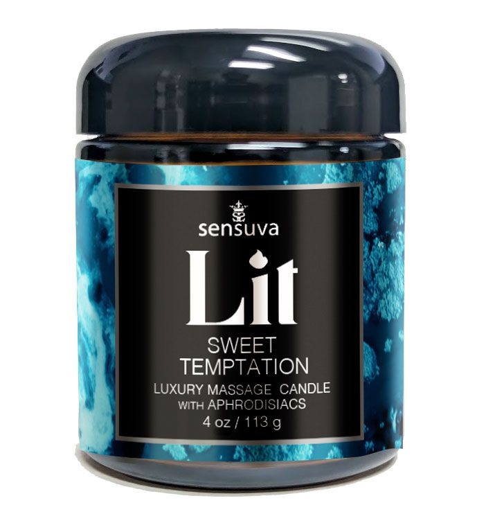 Sensuva Lit Sweet Temptation massage candle on a white background
