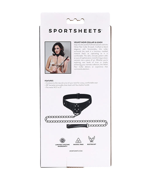 Package of Sportsheets velvet noir collar and leash with product image and text on a white background