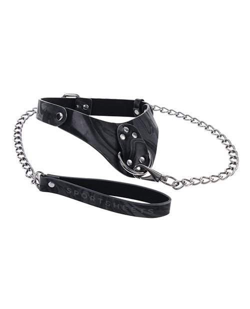 Black leather harness with chain on a white background