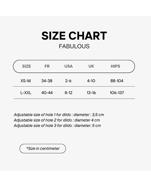 Size chart forStrap-on-Me Leatherette Harness Fabulous with measurements in various units on a white background