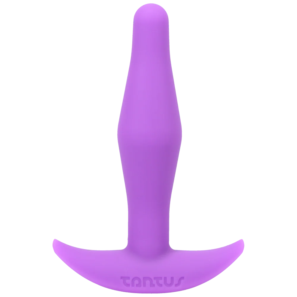 Purple silicone Tantus Little Flirt Anal Plug with 'Tantus' branding on a white background