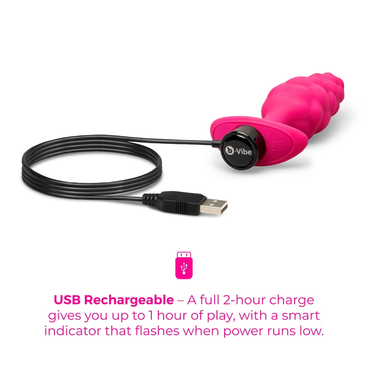 Pink USB rechargeable b-Vibe Bump Texture Plug Small with charging cable on a white background