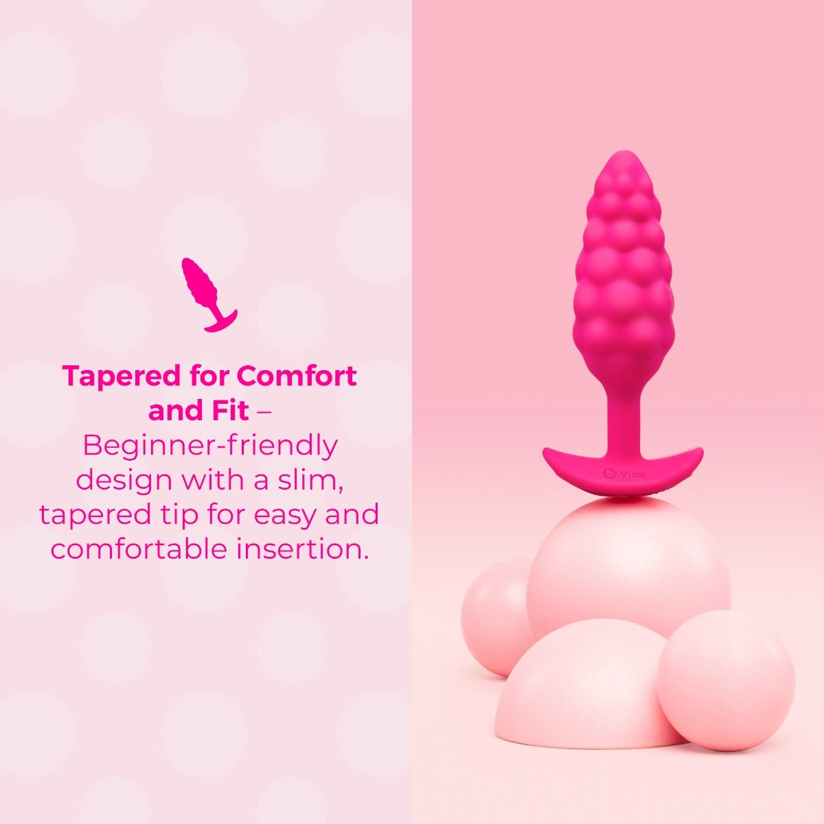 Pink silicone b-Vibe Bump Texture Plug Small with text on a pink background