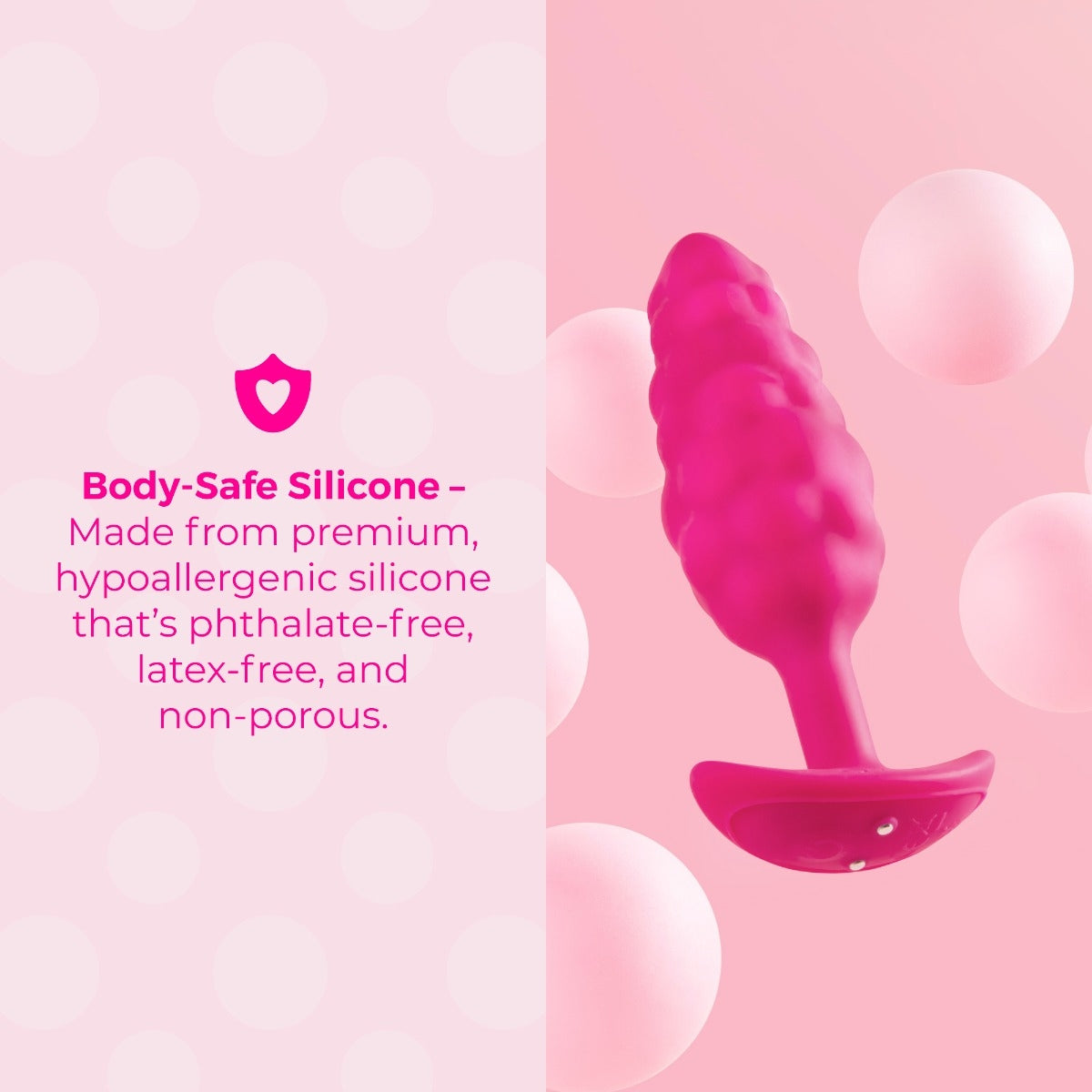 Pink silicone product on a pink background with text about body-safe silicone.