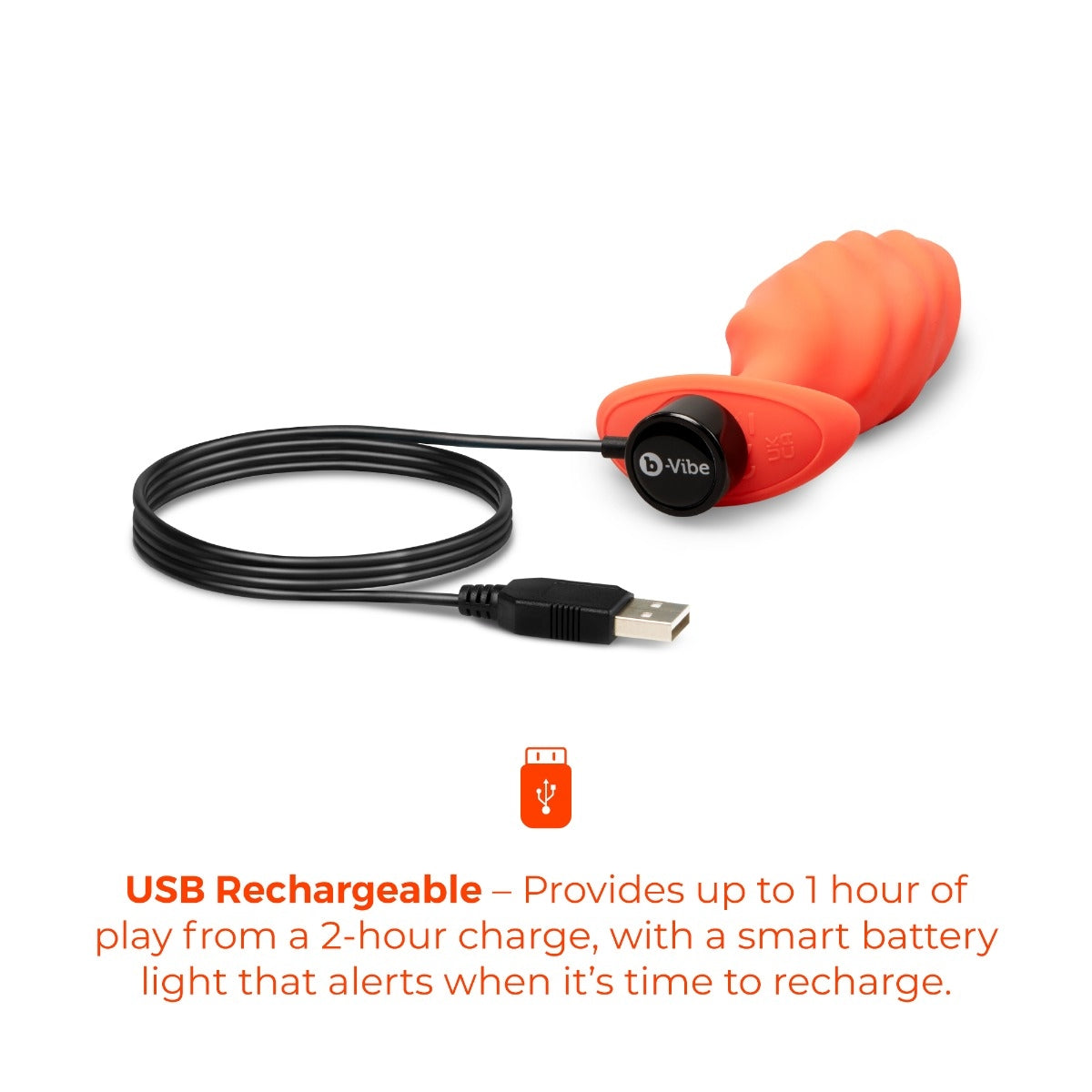 Orange USB rechargeable device with black cable on a white background
