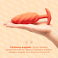 Red silicone toy held in a hand with text about vibration patterns and speeds on a beige background