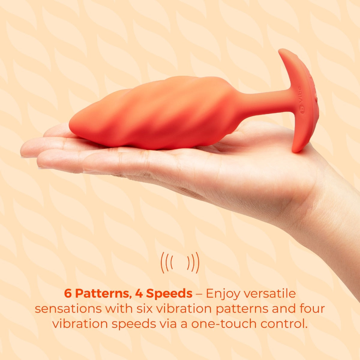 Red silicone toy held in a hand with text about vibration patterns and speeds on a beige background