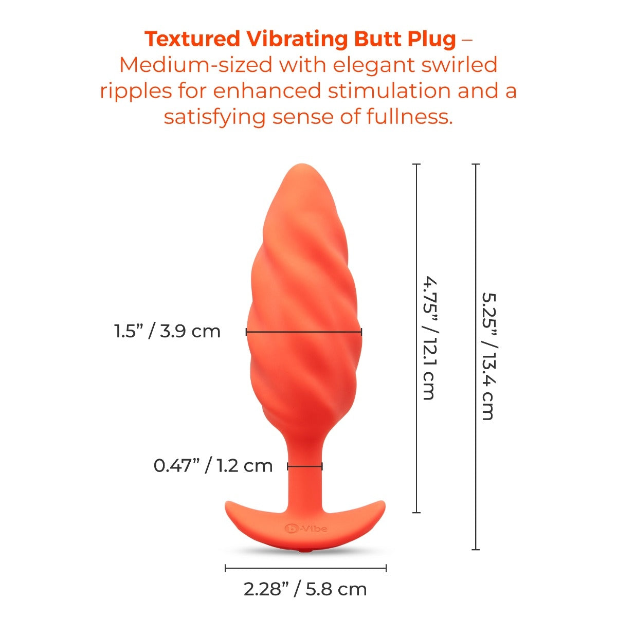 Textured vibrating butt plug with measurements on a white background