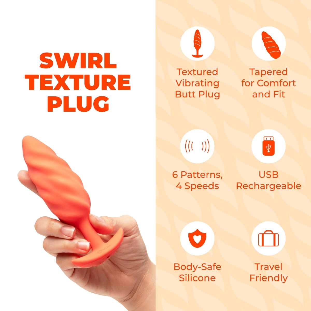 Red swirl texture plug held in a hand with features listed on a beige background